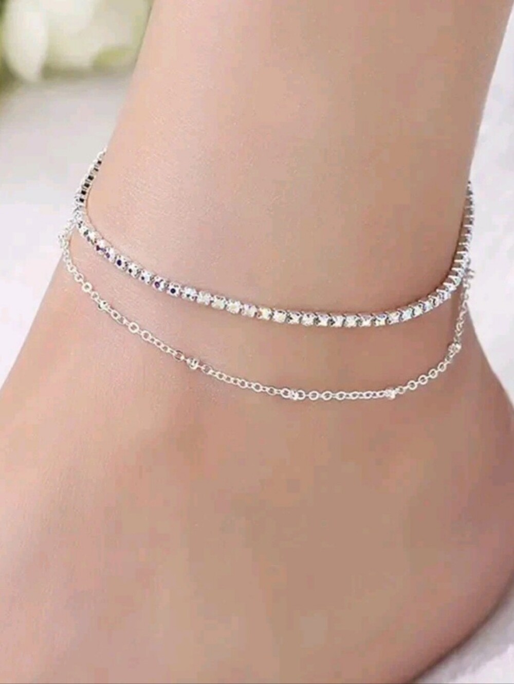 Silver Rhinestone Beaded Chain Tiered Layered Tennis Ankle Bracelet Anklet